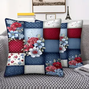 Floral Patchwork Throw Pillow with Digital Print, 45cm Square Includes Pillow Insert, Featuring Red, Blue & White Motifs, Cozy Decorative Accent for Living Room, Sofa & Bed, Ideal for Crafting Enthusiasts & Home Decor Lovers