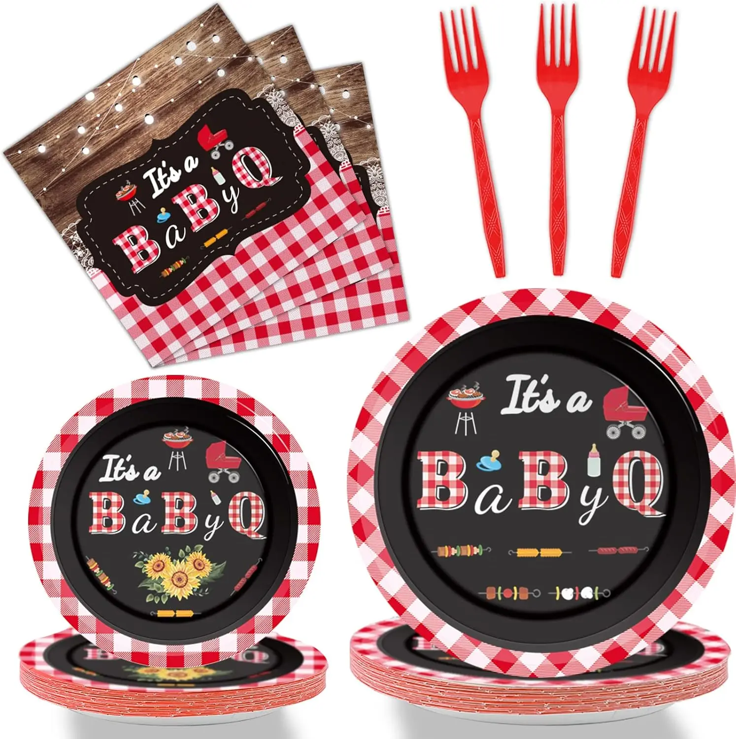 Tevxj 96 PCS BBQ Baby Shower Plates Napkins BabyQ Party Tableware It’s A Baby Q Disposable Paper Plates Napkins Sunflower Rustic Barbecue Gender Reveal Baby Shower Party Decorations Supplies Favors