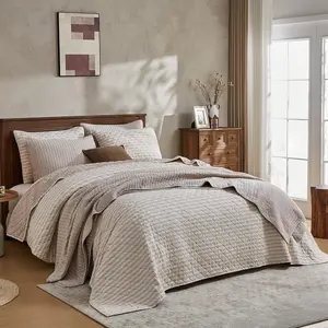 Cotton Jersey Knit Quilt - Rice Stitch Light Brown Stripe Full Quilt with Two Pillow Shams - Soft & Breathable, All-Season Use, , Prewashed, Bedspread & Coverlet, 88"x92"