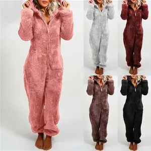 2022 New Autumn and Winter Women's Fleece-Lined Thickened Furry Jumpsuit Hooded Pajamas