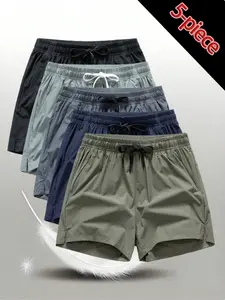 Men's Casual Outdoor Fashion Shorts, Breathable Lightweight Three-Quarter Shorts, Summer Woven Fabric, Fitted Plain Design, Pack of 5