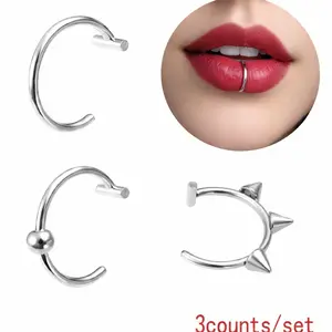 6PCS Gothic Clip-On Lip Rings Punk Spike Stainless Steel Non-Piercing Body Jewelry for Women & Men