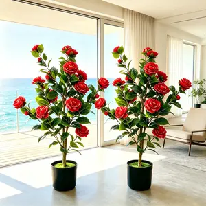 2 Pcs 35 Inch Artificial Red Camellia Trees, Realistic Potted Faux Camellia Plant with Vivid Flowers, Decorative Tree for Indoor Spring Home, Outdoor Porch, Front Door, Patio & Garden