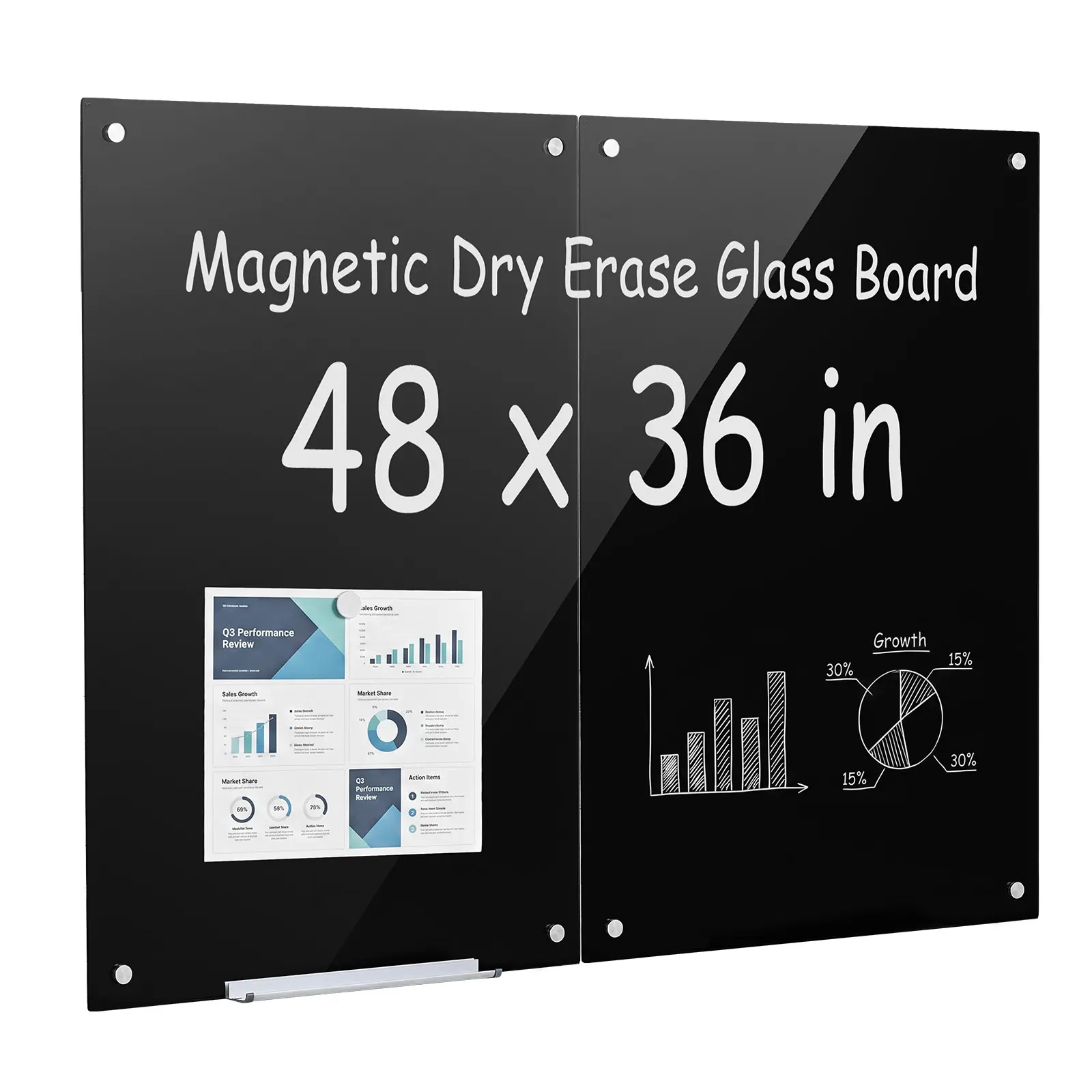 VEVOR Glass Dry Erase Board 2 Pack 35.4 x 23.6 in Black Magnetic Whiteboard, Wall-Mounted, Frameless, Thick Tempered Glass, with Markers, Magnets and Eraser, for Office, School Classroom, Home Study