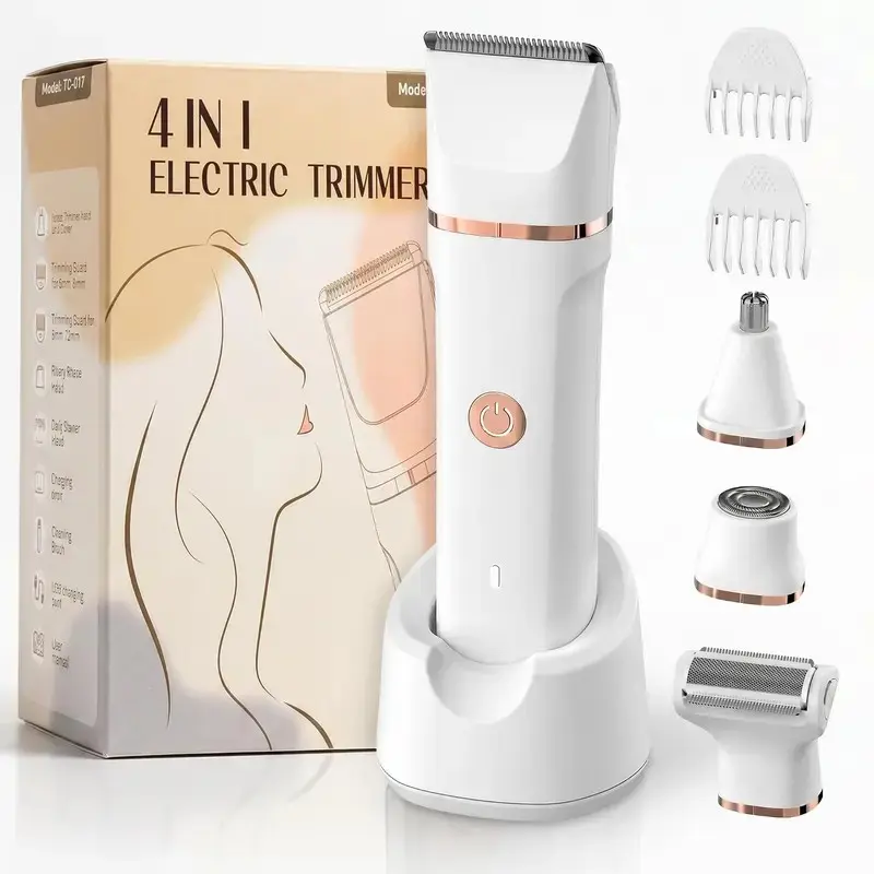 4-in-1 Bikini Trimmer for Women, Electric Razor, Ceramic Blade | IPX7 waterproof, rechargeable body hair trimmer, personal groomer for legs, bikini area and pubic hair, gifts for women