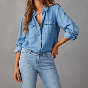 Women's Casual Chambray Denim Shirt with Buttons, Long Sleeves, and a V-Neck