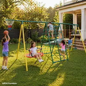 611-in-1 Kids Outdoor Play Swing Set with Climbing Frame, Climbing Net, Glider, Hammock, Belt Seat, Basketball Rim for Backyard Outdoor Kids Stuff