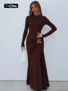 Women's Solid Metal Buckle Decor Ruched Long Sleeve Bodycon Dress, Mock Neck Shoulder Pads Plain Slim Fit Plicated Maxi Dress, Elegant Chic Cocktail Party Club Date Evening Gown Formal Dress, Daily Casual Long Dresses For Ladies Spring & Fall Clothes Wear