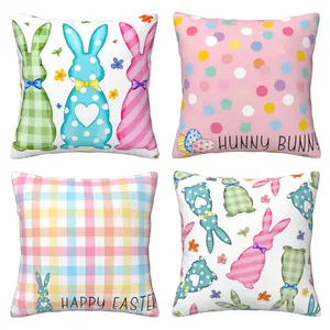 Easter Pillow Cover, Easter Sofa Pillow Cover, Rabbit Decoration, Suitable for Sofa and Interior, Blue Pink Buffalo Grid Spring Home Decoration, 4-piece Set with Double sided Printing