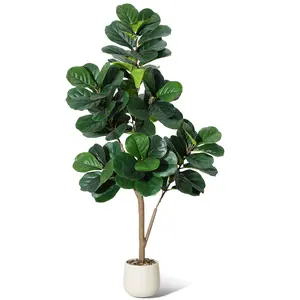 4/5/6/7FT Fake Fiddle Leaf Fig Tree, Black & White 9'' Planter with 141 Leaves, Ideal Indoor Tree for Home Office & Housewarming Present
