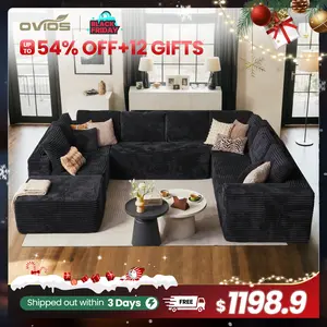 【4 Packages Shipping】Ovios Sectional Cloud Couch for Living Room, Modular Floor Sofa with Plush Corduroy, No Assembly Required, Big Comfy Couches Set with Fluffy Memory Foam, Stupendous U Shaped Sofas with Chaise Furniture Lounge