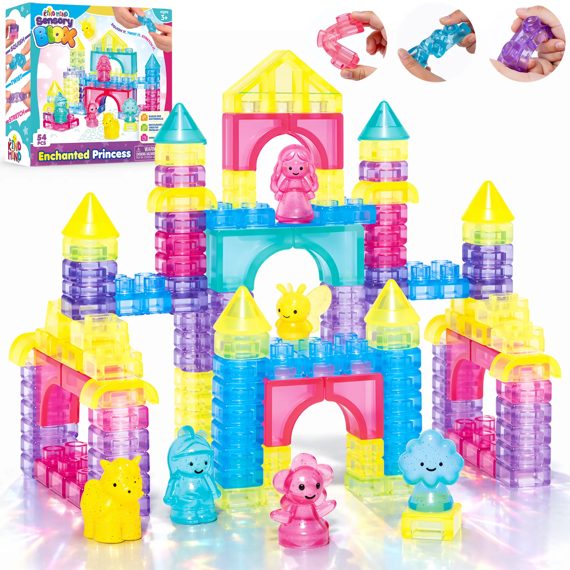 KINDMIND Gummy Blocks 54Pcs, Soft Non-Toxic for Sensory Play, Squishy Stacking Building Blocks Toy for Fine Motor Skills STEM Preschool Early learning Gift Bath toy Creative Creation for Kids Age 3+