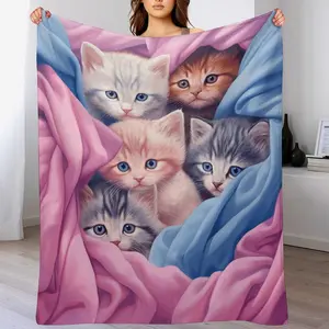 Cute Kittens in Pink & Blue Blanket Throw, Cozy Cat Art Decor, Soft Flannel Fleece Blanket for Cat Lovers & Kids