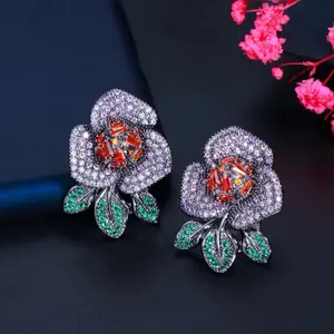 Purple Red Cubic Zirconia Big Flower Design Pave Stud Earrings with Red Gemstone Accents