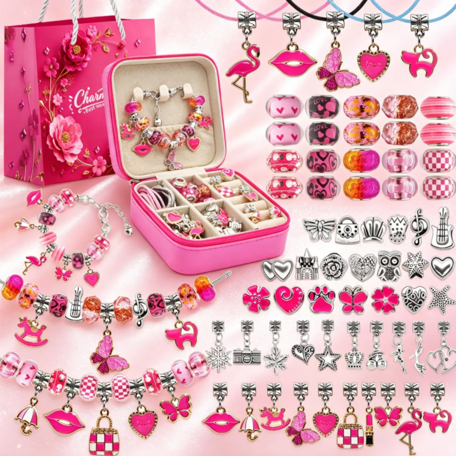 2026New Rose Pink Handmade Jewelry Set 68Pcs Charm Bracelet Making Kit with Jewelry Box Pink Beads Bracelet for Women Birthday Valentine's Day Date Special Holiday Jewelry Supplies Creative Gift Set Funny Art Craft Toy Gifts for Girls