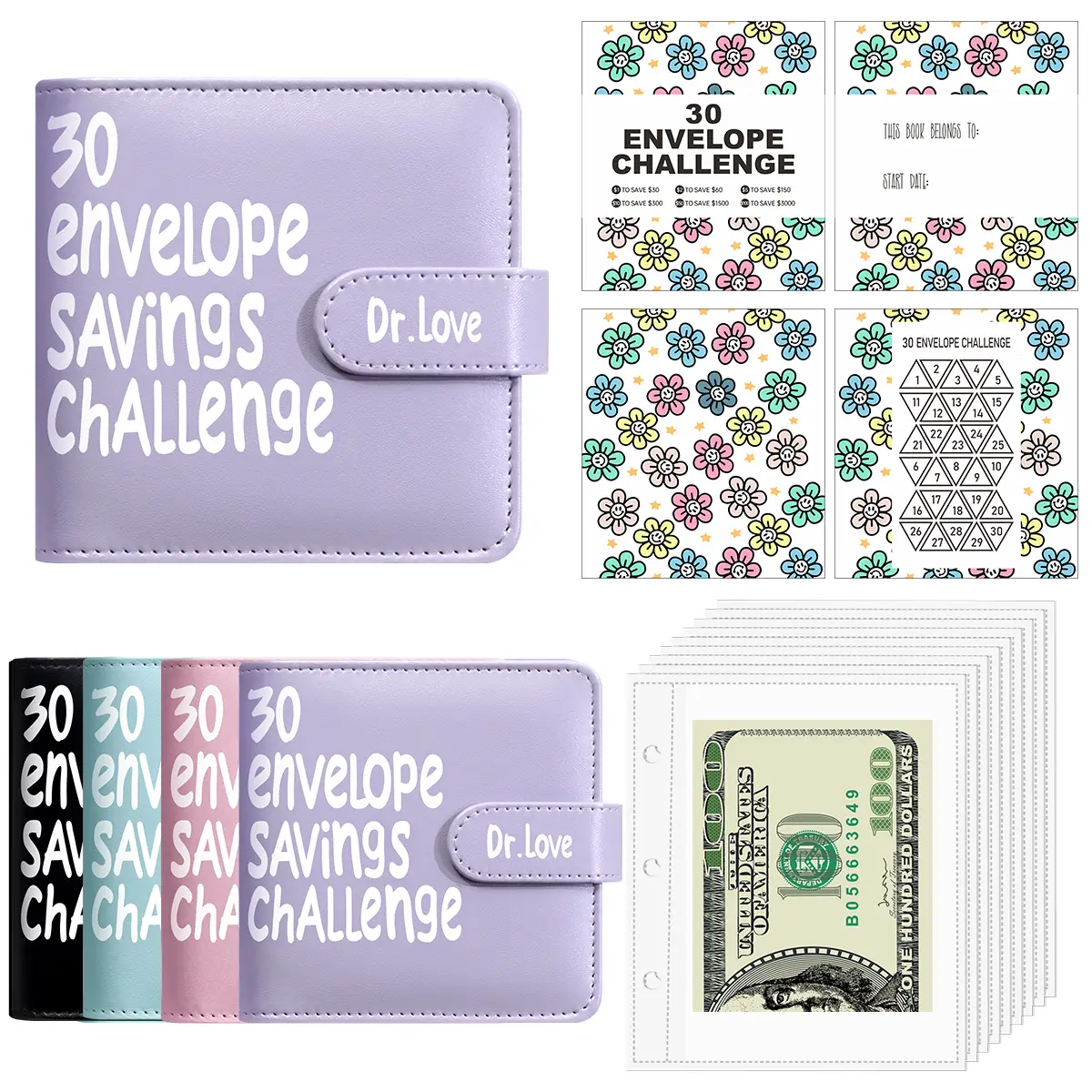 DR.LOVE 30 Envelopes Money Saving Challenge Binder for Children's Gift with Savings Challenges to Save $3000, 1500, 300, 150, 60, 30 Budget Planner
