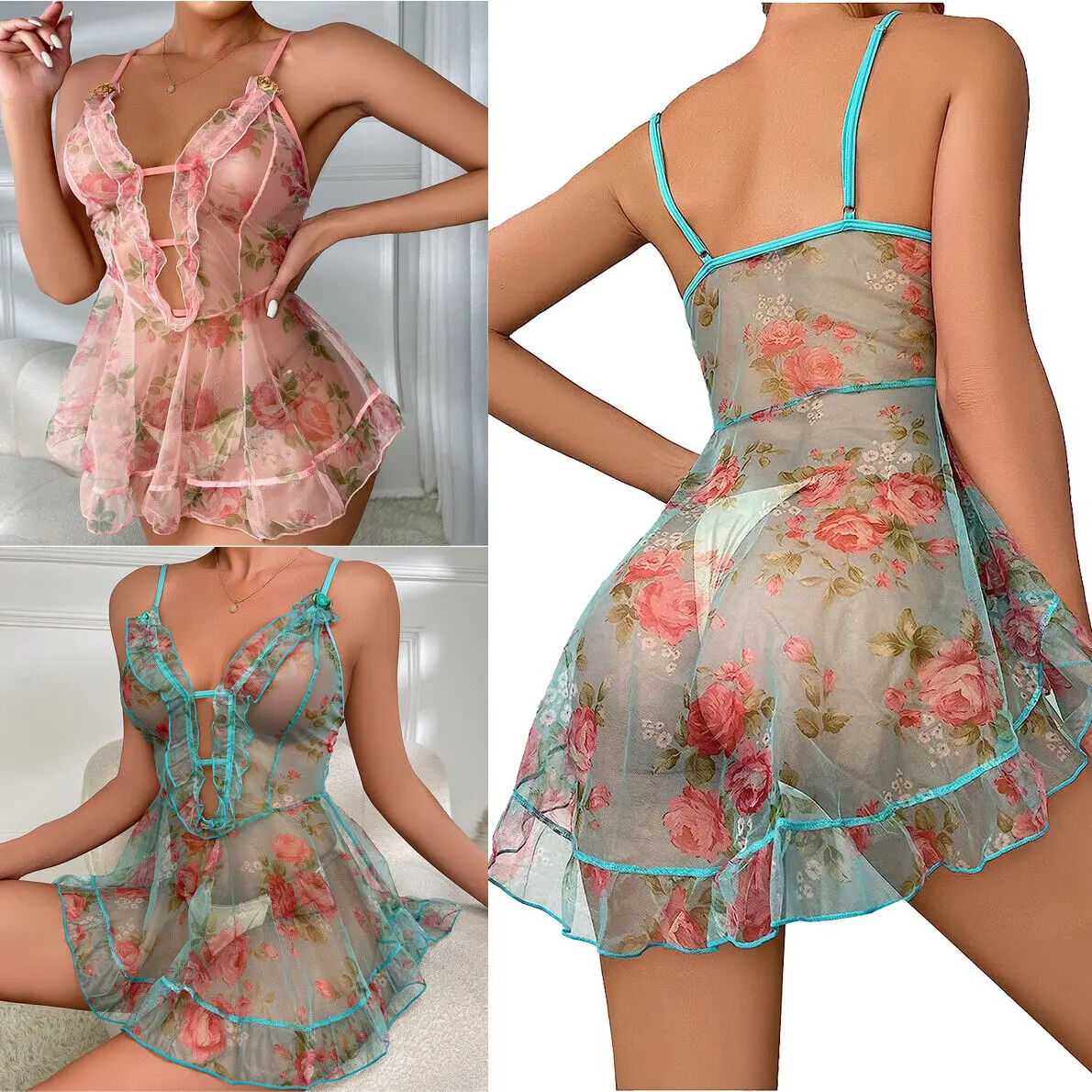 Women's Floral Mesh Frill Ruffle Chemise Nightgown - Lady's Polyester Printed Nightwear & Loungewear, Rose