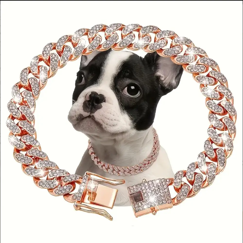 13mm Alloy Bling Cuban Link Collar with Rhinestones - Luxurious, Durable Bling Accessories for Small to Medium Dogs, Cat Neck Accessory