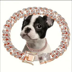 Bling Cuban Link Dog Collar with Rhinestones, 13mm Alloy Pet Necklace for Small Medium Large Dogs & Cats
