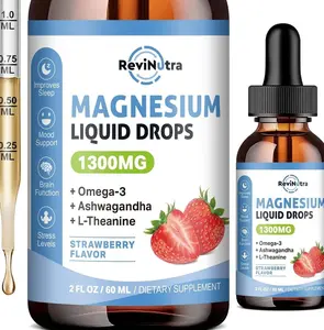 Triple Magnesium Complex Liquid Drops, 1300mg Magnesium Glycinate, Taurate & Citrate with Omega3, L-Theanine, Ashwagandha, Potassium, D3, B6, B12 for Calm, Sleep, Muscle, Strawberry Flavor, 2 Fl OZ