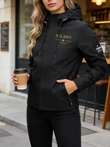 Women's Hooded Windbreaker Jacket "MILANO ITALIA" Gold Italian Flag Print Outdoor Windproof Jacket Multi-Color Options Stand Collar Loose All-Season Warm Wind Coat Ideal for Daily Commute Hiking Climbing Wear Soft Comfortable Breathable Machine Washable