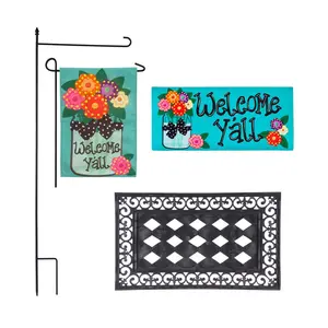 Evergreen Welcome Y'all Burlap Garden Flag & Sasafras Mat Set