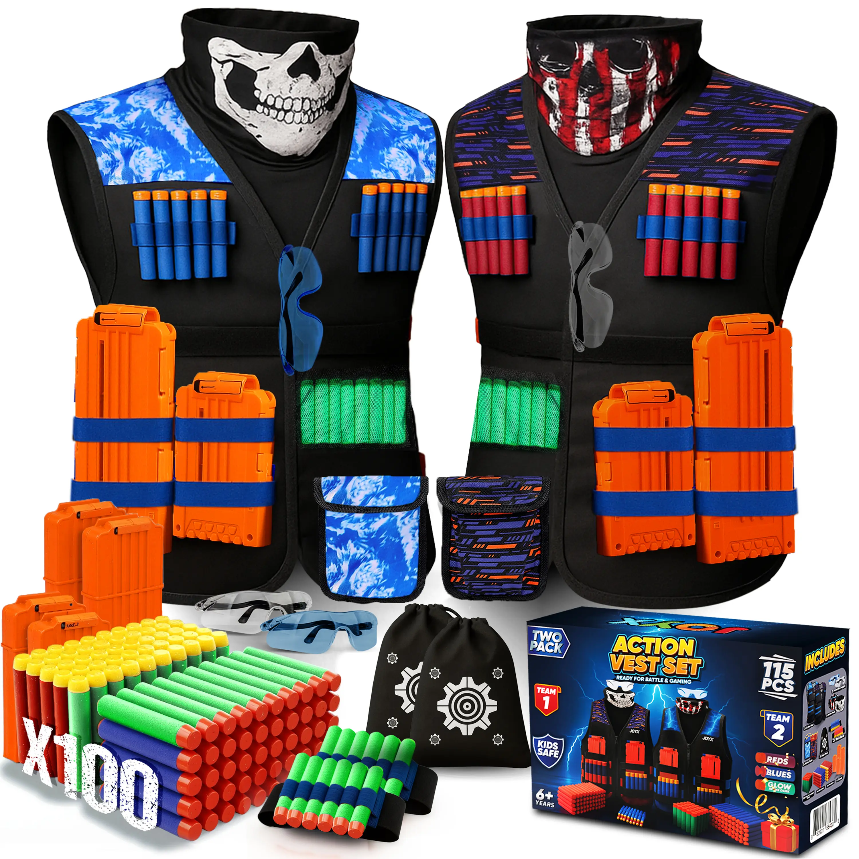 JoyX 2-Pack Kids Dart Vest Set – Glow in The Dark Edition | 100 Foam Darts, Adjustable Vests, Goggles & Masks | Compatible with Nerf, XShot & Adventure Force | Ultimate Blaster Battle Kit for Kids Ages 4–15