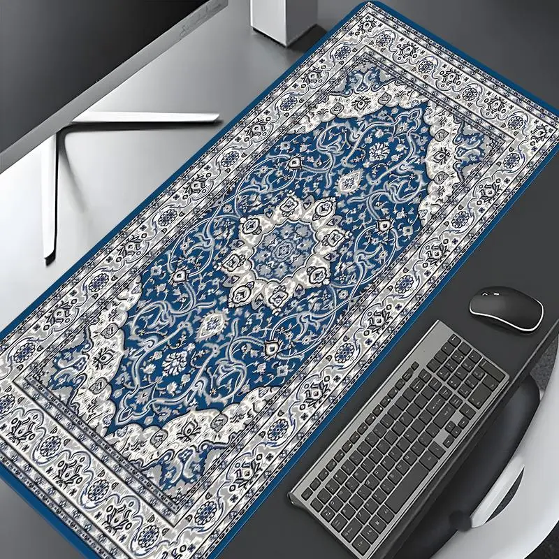 Blue & White Floral Persian Rug Design Large Gaming Mouse Pad, Stylish Desk Protector, Desk Pad Mat with Non-Slip Rubber, Multi-Size for Laptop & Desktop Use, Desk Accessories, Computer Desk Mat