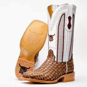 Tan Basketweave Leather Boots -Square Toe