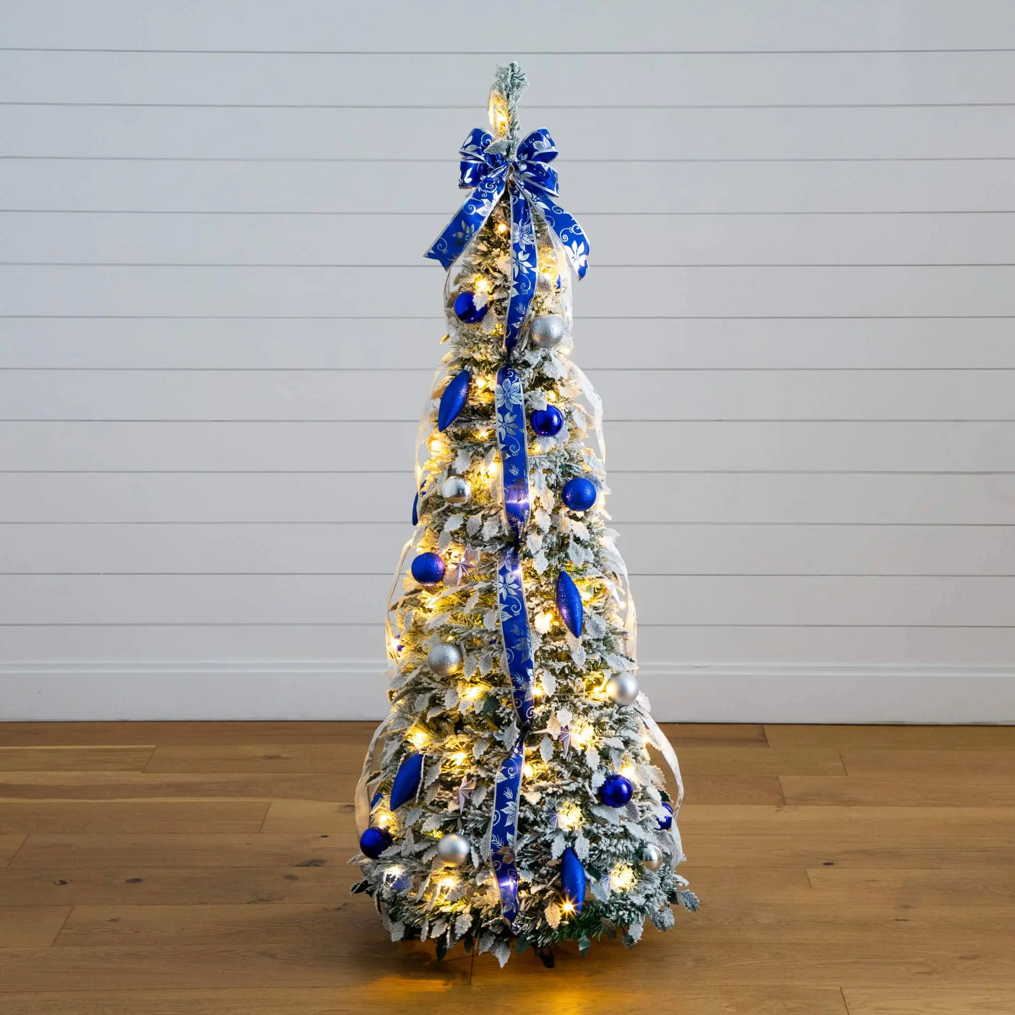5ft Pre-Lit Flocked Artificial Pop-Up Christmas Tree Decor, 100 Warm White LED Lights with Silver Ornaments, Blue Ornaments, Ribbons for Holiday Room Decor