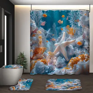 LVRLVR 4Pcs Starfish Coral Reef Tropical Fish Print Ocean Coastal Nature Multi-Color Beach Shower Curtain Set 70.8×70.8 Inch Shower Essentials