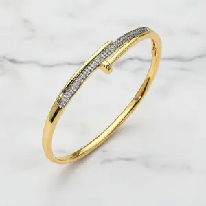 Pave Clou Nail Hinged Bangle Bracelet Stainless Steel 0.4" H 2.4" D Water Resistant Tarnish Resistant Hypoallergenic with Pavé Crystal Accents