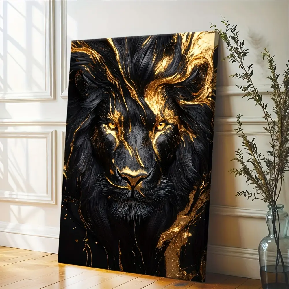 1-Piece Wood Decorative Frame Print - Black and Gold Lion 626Qr Framed Art with Shiny Gold Geometric Details, Home Decor for Living Room, Bedroom, Decorative Frame Prints