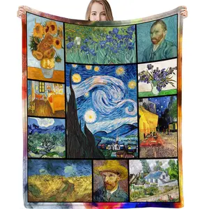 1pc Paintings by Van Gogh Flannel Flannel blanket Soft cover blanket for sofa, bed, sofa luxury warm comfort printed gift cover blanket 60X 80 micro-Flannel bed sofa living room double blanket machine washed and dried-280GSM