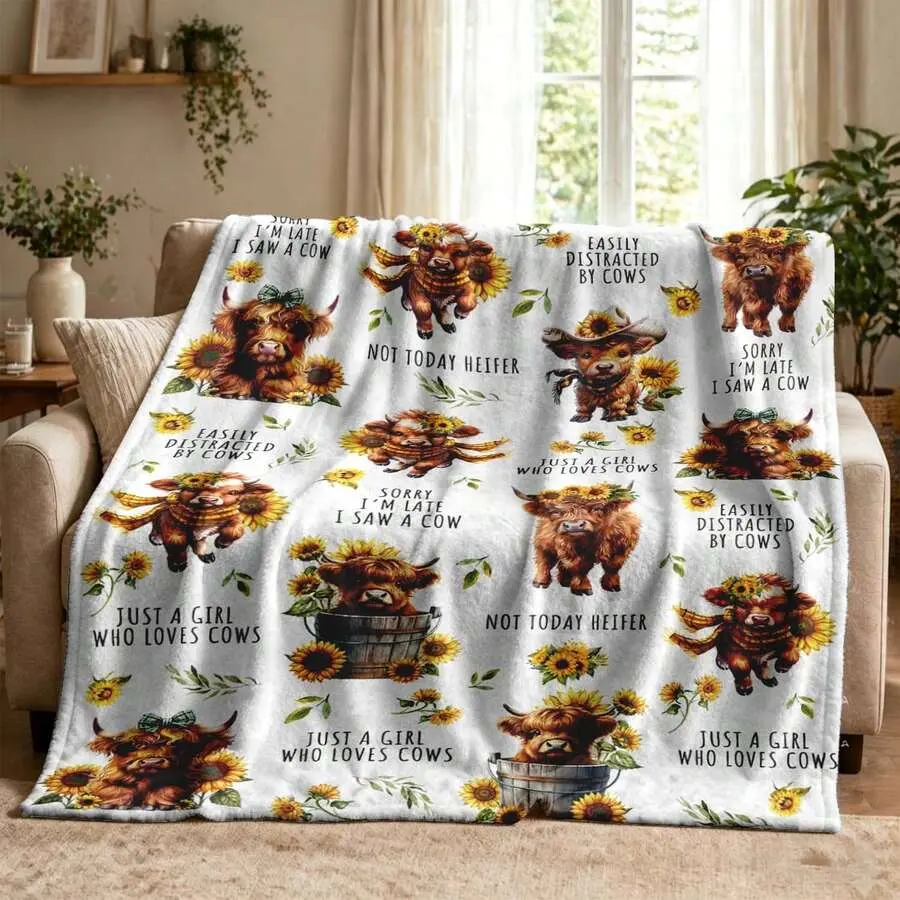 1PC Highland Cow Sunflower Flannel Throw  White Background Printed Headband Calf Sunflower Wreath Bow Just A Girl Who Loves Cows Not Today Heifer Watercolor Sunflowers Green Leaves Tapestry Wall Christmas Print Flannel  pr flag decorative bedroom fleece