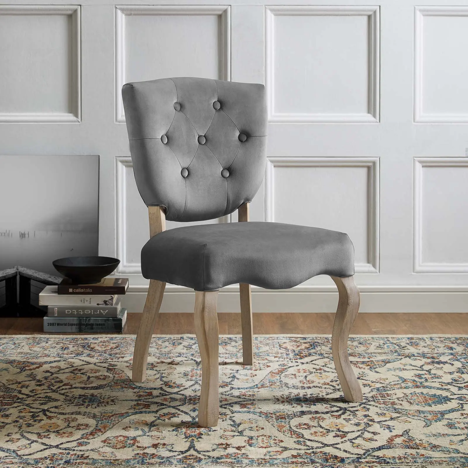 Modway Array Vintage French Performance Velvet Dining Side Chair in Gray