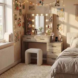 Vanity Desk With Lighted Mirror & Charging Station, 5 Drawers & Open Shelves, 2-In-1 Makeup Vanity Table With Nightstand For Bedroom