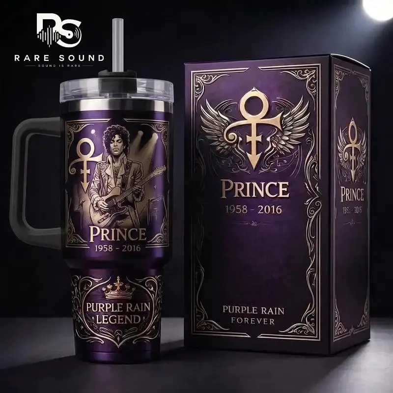 [Rare Sound] Prince 1958-2016 Tribute Insulated Tumbler - Limited Edition Purple Rain Legend Gold Engraved Reusable Travel Mug with Handle, Straw, Lid & Stylish Printed Design, Premium Stainless Steel Cup, Musician Fan Collectible Gift, Insulation, 40Oz