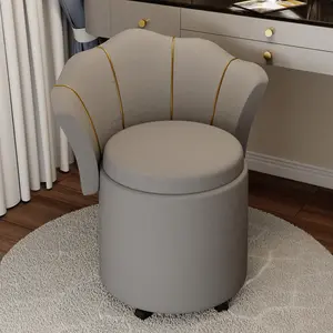 Grey Vanity Chair with Storage | Upholstered Makeup Stool with Gold Trim