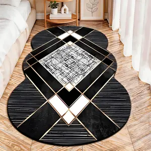 2D Flat velvet irregular rug with luxury black and gold geometric diamond line pattern, machine washable non-slip carpet for bedroom, all seasons & holiday decor, durable & easy to clean.