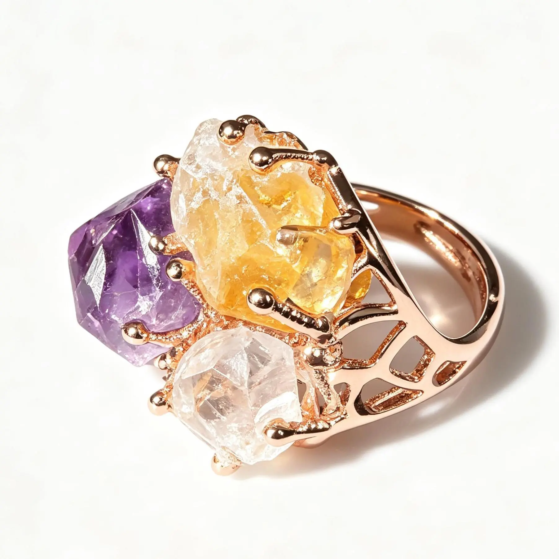 [JACUPO]18K Rose Gold Plated Raw Crystal Adjustable Ring for Women, Natural Amethyst Citrine Clear Quartz Rough Stone Open Band, 3 Healing Crystal Mineral Ring, Vintage Crystal Jewelry Gift with Dark Green Drawer Jewelry Box & Black Velvet Pouch