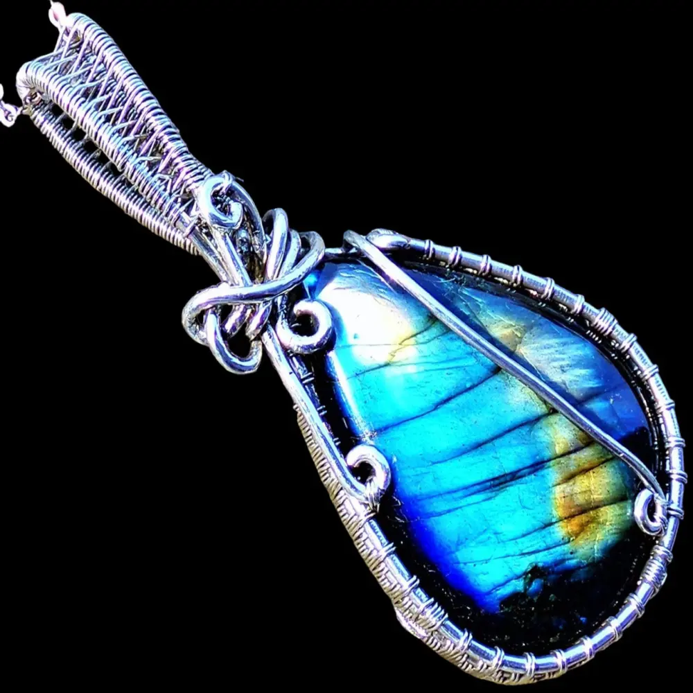 Sterling Silver FLASHY Teardrop Labradorite Elven Elvish Victorian Fantasy Wire Wrapped Gemstone Pendant Necklace Amulet
