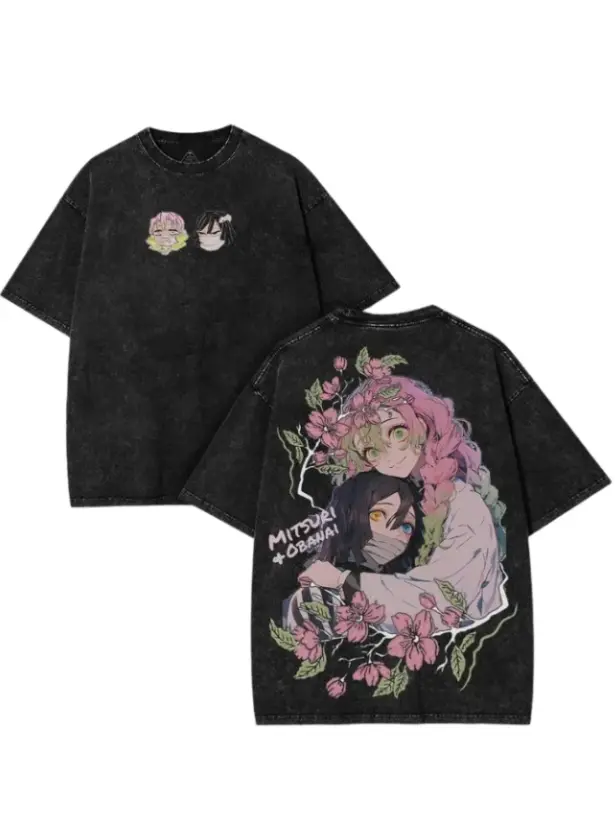 Obanai x Mitsuri – Retro Washed Anime Duo Tee featuring Snake & Love Hashira Vibe with Heavy Cotton Oversized Drop Basic Dress y2k,soulja,concert,Halloween,Gothic,Vintage,Streetwear Graphic funny trendy guy men funny t shirt