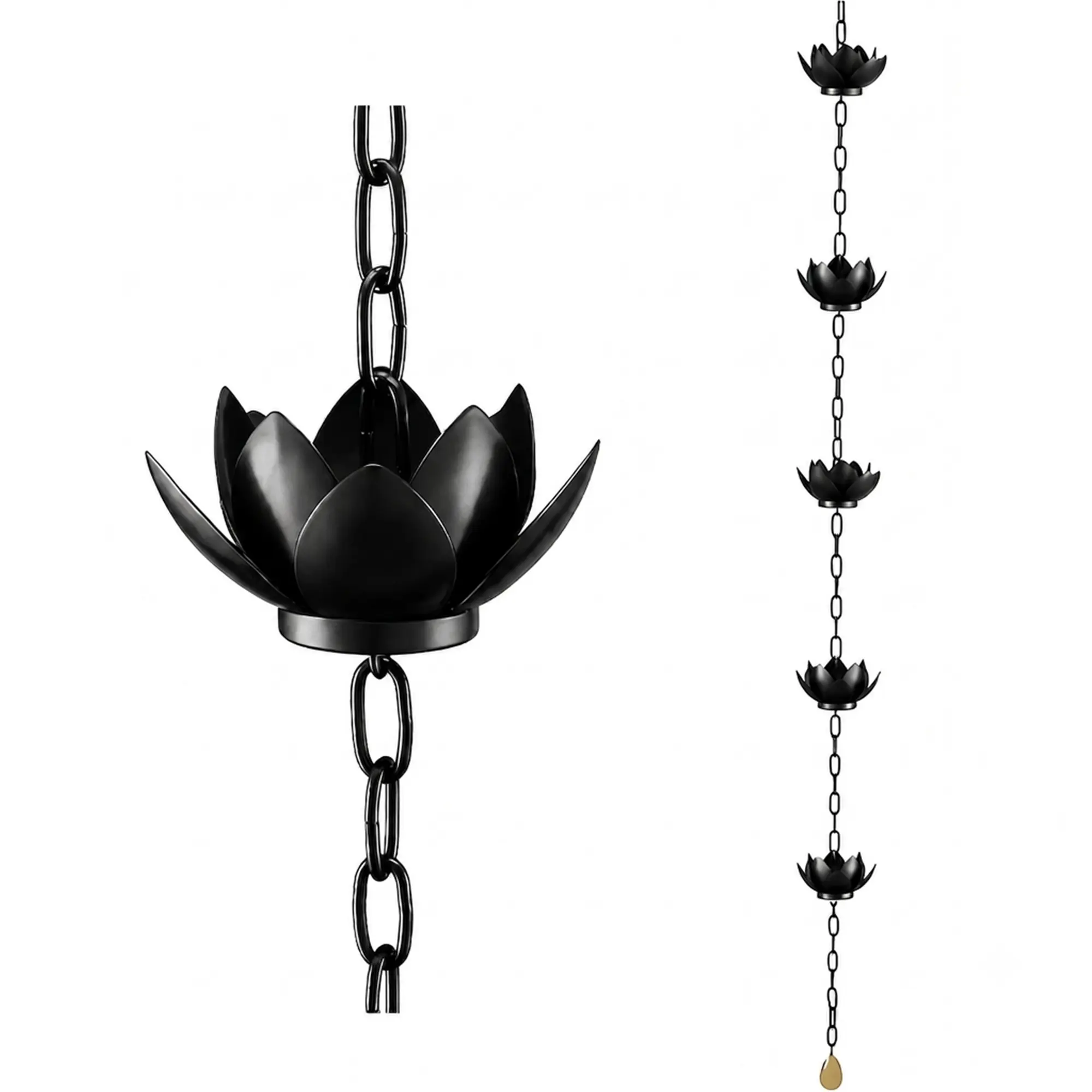 Black Metal Lotus Rain Chain, 4.2FT Rustproof Rain Catcher Chain with  5 Lotus Cups for Eaves, Garden, Patio and Outdoo Decor