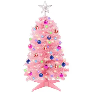 3Ft Christmas Tree with Lights, Table Christmas Tree with 50 LED 12 Modes, 3D Star, 15 Hanging Ball Ornaments, Small Prelit Xmas Tree for Tabletop, Home and Office (Pink)
