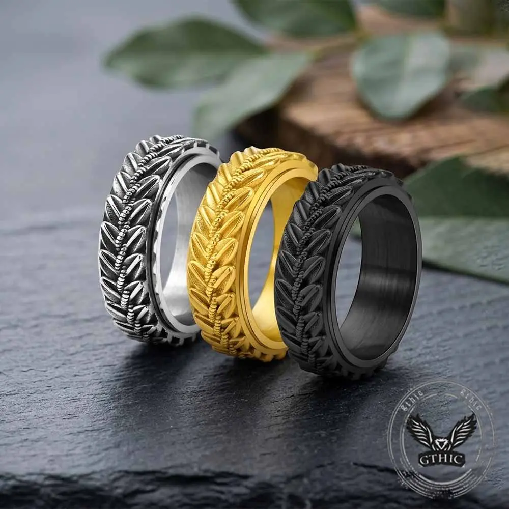 GTHIC Vintage Stainless Steel Spinner Ring Engraved with Wheat Ear Pattern Lucky Harvest Unisex Jewelry Daily Office Wear & Casual Street Outfits