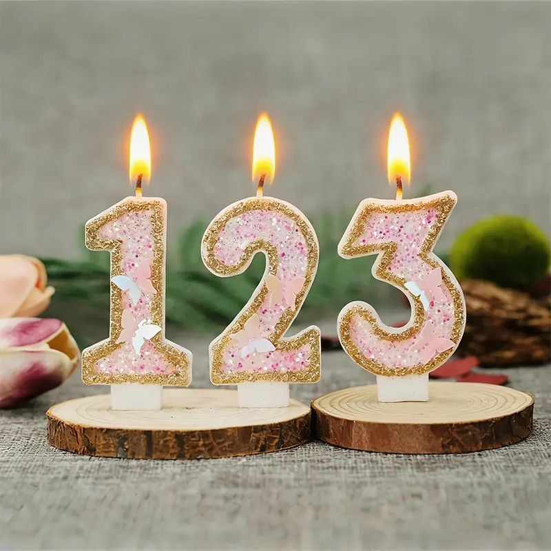 1pc These gold and pink glittery number birthday candles, adorned with butterfly patterns, are perfect for birthday celebrations, wedding anniversaries, and party decorations; they are also suitable for holiday events and party supplies.