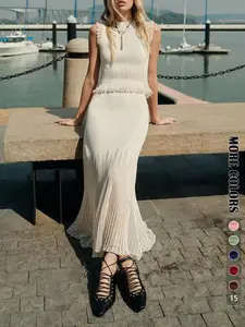 Elegant Two-Piece Set, Sleeveless Knitted Vest & Long Pleated Skirt, Fashionable Slim Fit Design, Perfect for Women