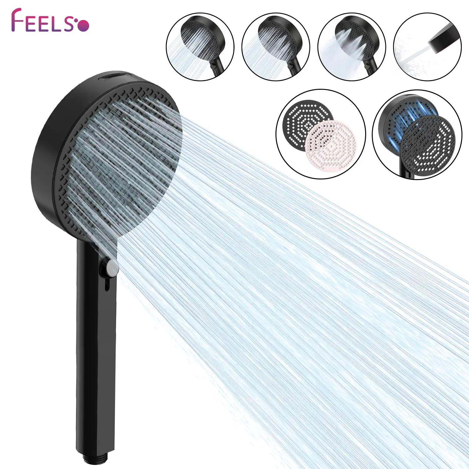 FEELSO 5.2-Inch ABS Shower Head - 6+1 Spray Modes, High Pressure, Powerful Jet Cleaning, Anti-Clog Silicone Nozzles, Anti-Leak Design, Magnetic Panel, Wall Mount, Teflon Tape Included, Tool-Free Installation for Bathroom Chores