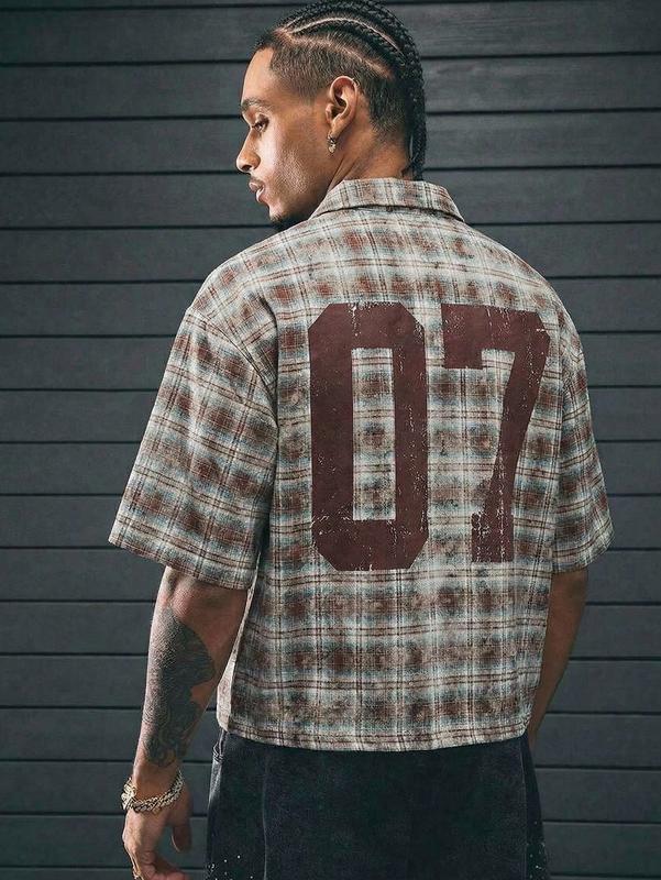 Cropped Plaid Number Graphic Button Down Shirts Short Sleeve Retro Preppy Crop Tops